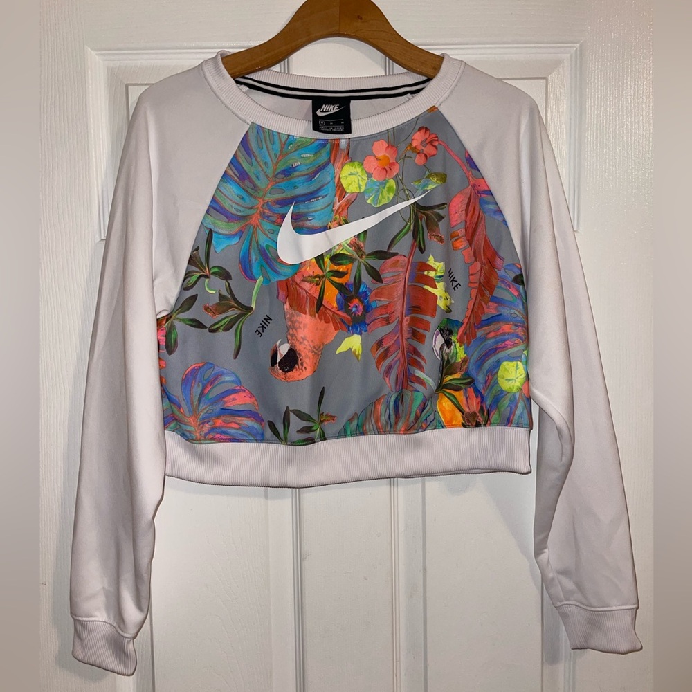 Nike White Cropped Sweatshirt with Multicolor Tropical Print
